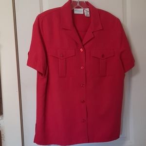 Red short sleeve button down blouse.